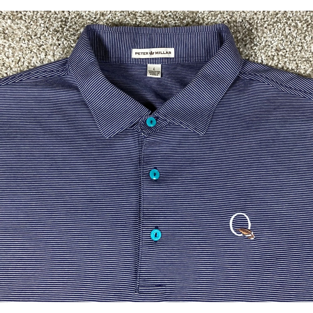 Peter Millar Quail Hollow Logo Navy Stripe Golf Polo Shirt Men's Size Large